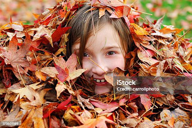Девушка Похороненный Осенью Листья — стоковые фотографии и другие картинки 10-11 лет - 10-11 лет, Веселье, Весёлый