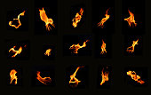 A bunch of icons of fire on a black background