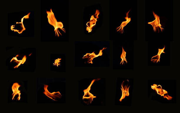 A bunch of icons of fire on a black background stock photo