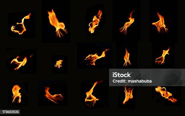 A Bunch Of Icons Of Fire On A Black Background Stock Photo - Download Image Now - Flame, Fire - Natural Phenomenon, Cut Out