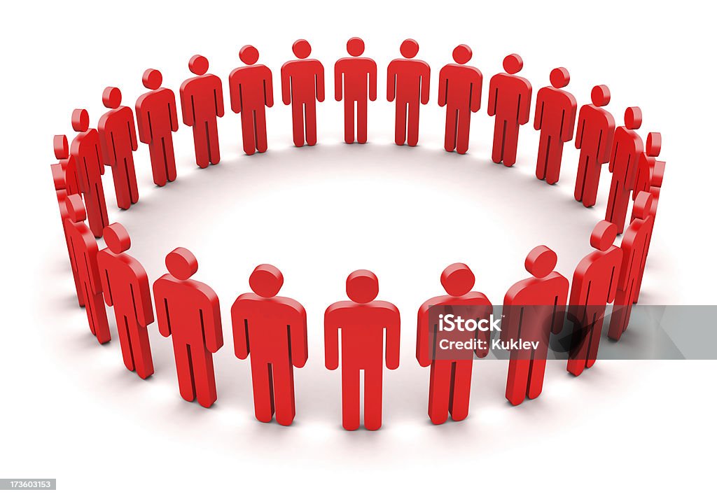 Cooperation Red human symbols standing on the circle isolated on white background Abstract Stock Photo