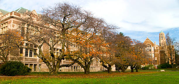 Wide-angle view of the quad at the University of Washington during autumn. 
