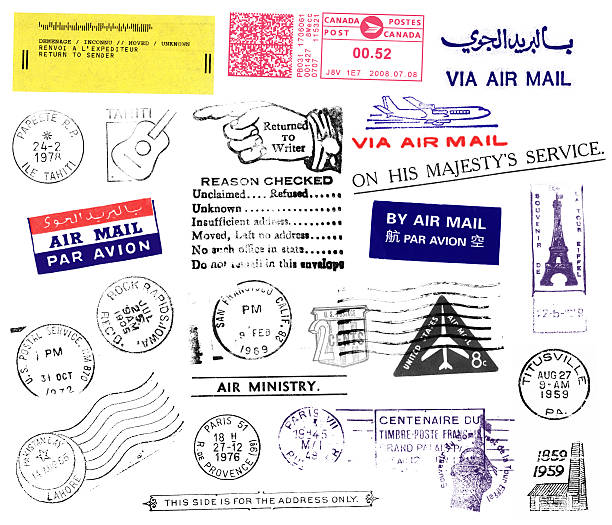 Postmarks and Stamps You can see real 21 postmarks and stamps: Yellow return to sender, red Canada Post, Via Air Mail, Papeete Tahiti with ukulele, Pointing Hand with Return to writer, Via Air Mail with plane, On His Majesty's Service, Air Mail, By Air Mail, Souvenir de la Tour Eiffel, US Postal Service 1972, Rock Rapid 1905, San Francisco 1969, US Postage 2 Cents and 8 Cents, Titusville 1959, Pakistan 1955, Paris 1976, Paris 1949 Eiffel Tower, Derrick 1859-1959, Air ministry, This side is for address only. postmark photos stock pictures, royalty-free photos & images