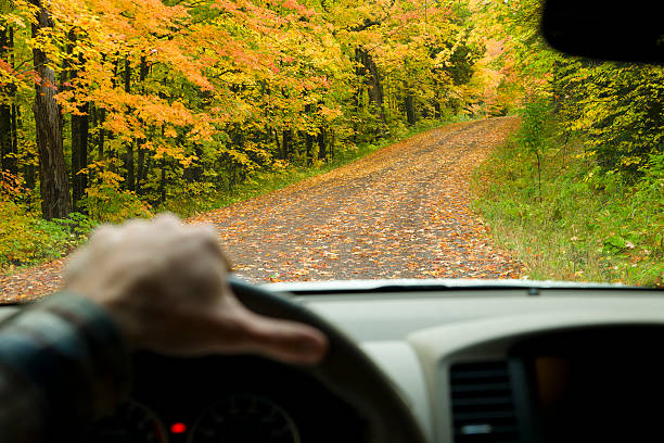 istock View through car windshield driving along scenic autumn road. 173605414