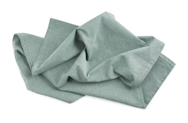 istock Crumpled light grey towel for kitchen isolated on white, top view 1736066775