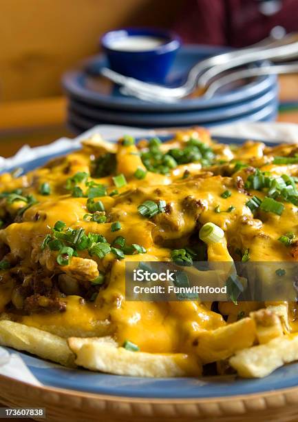 Cheddar Cheese French Fries Melted Sauce On Chili Stock Photo - Download Image Now - American Culture, Appetizer, Bean