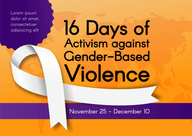 ilustraciones, imágenes clip art, dibujos animados e iconos de stock de pancarta por 16 días de activismo contra la violencia de género con lazo blanco. ilustración colorida vectorial - violencia de genero