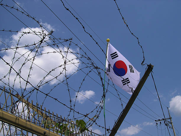DMZ Korean flag seen through barbed wire at the DMZ, Panmunjeom, South Korea dieng plateau stock pictures, royalty-free photos & images