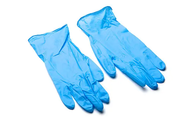 Pair of blue, wrinkled surgical gloves on white background. No selection made.