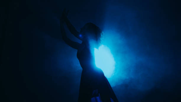 istock Silhouette performance dance woman mist spot light 1736103403