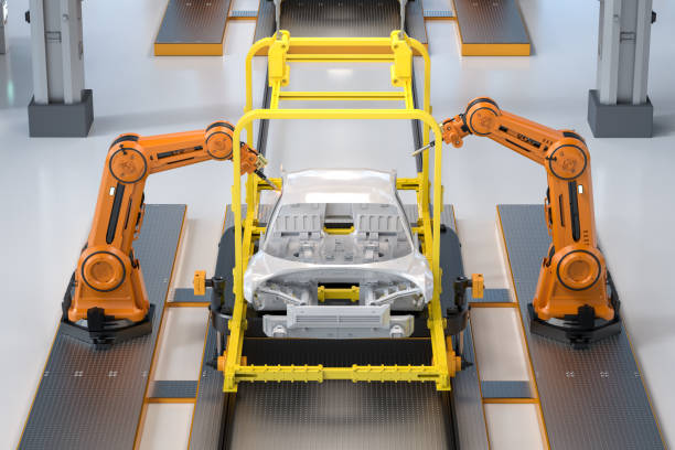 istock Automation automobile factory with robot assembly line manufacture ev car 1736104561