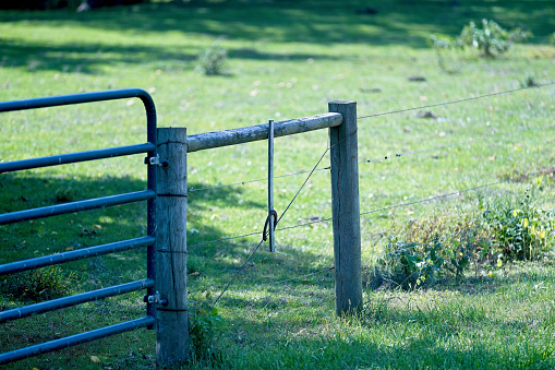 A horseshoe hangs upside down on a piece of fencing next to a gate.