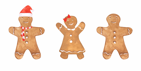 Set of 3 Gingerbread man clipart. Watercolor gingerbread cookies isolated. Cute vector Christmas gingerbread man, man with a Santa's hat and a scarf, and a buscuit girl with icing decor.