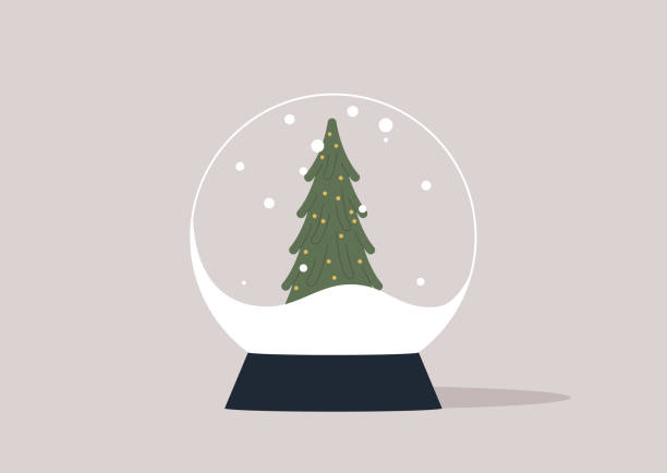 ilustraciones, imágenes clip art, dibujos animados e iconos de stock de una bola de cristal con una tormenta de nieve arremolinada y un árbol de navidad verde en su interior, que sirve como símbolo de la próxima navidad - snow globe dome glass transparent