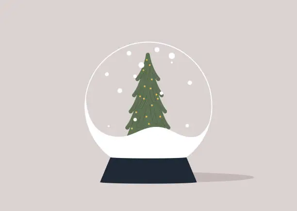 Vector illustration of A crystal ball with a swirling snowstorm and a green xmas tree inside, serving as a symbol of the upcoming Christmas
