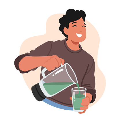 Vegan Man Carefully Pours Vibrant, Plant-based Smoothie Into A Glass, Creating A Green Cascade Of Nutritious Goodness, A True Embodiment Of Health-conscious Living. Cartoon People Vector Illustration