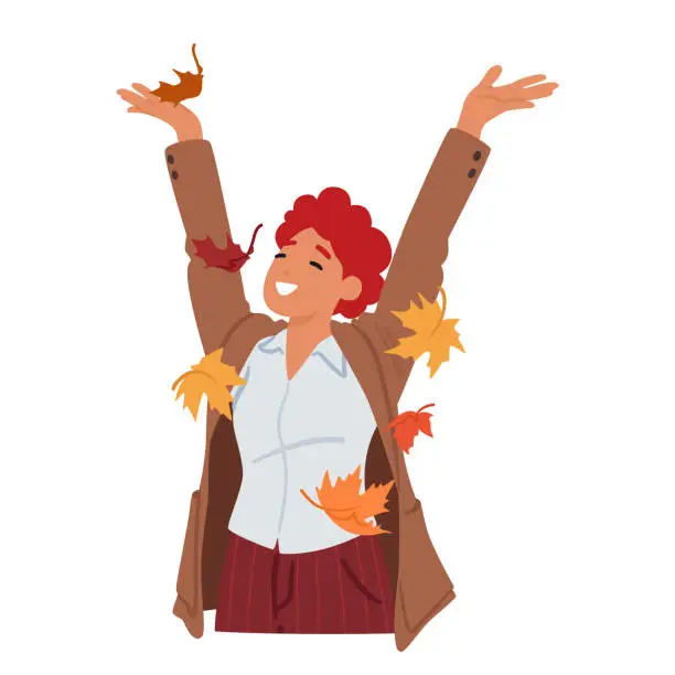 Vector illustration of Radiant Young Woman Joyfully Tosses Up Vibrant Autumn Leaves, Creating Whimsical Cascade Of Colors In Crisp Air