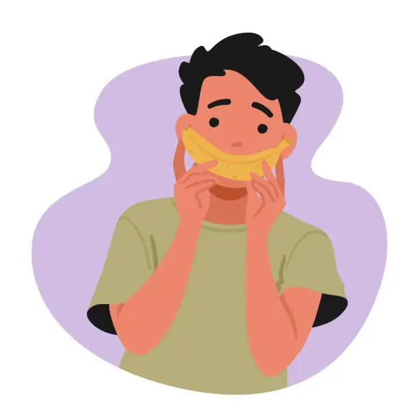 Vector illustration of Cheerful Vegan Man Radiates Positivity With A Banana Smile. His Commitment To A Plant-based Lifestyle, Vector