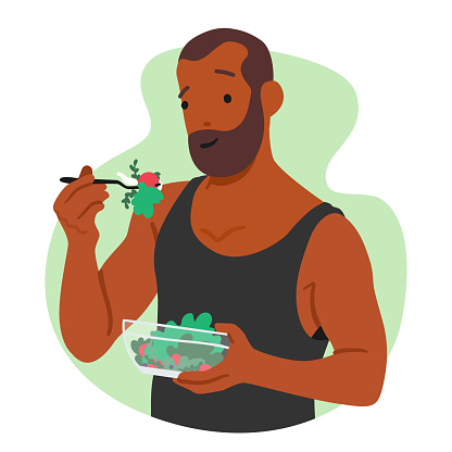 Vegan Man Savors A Colorful Salad, Packed With Fresh Greens, Vibrant Vegetables, And Cruelty-free Toppings. Character Enjoying A Nutritious And Compassionate Meal. Cartoon People Vector Illustration