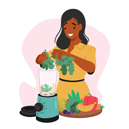 Vegan Woman Expertly Blends Nutritious Plant-based Ingredients In Her Blender, Creating A Vibrant, Wholesome Smoothie Packed With Goodness And Cruelty-free Flavors. Cartoon People Vector Illustration
