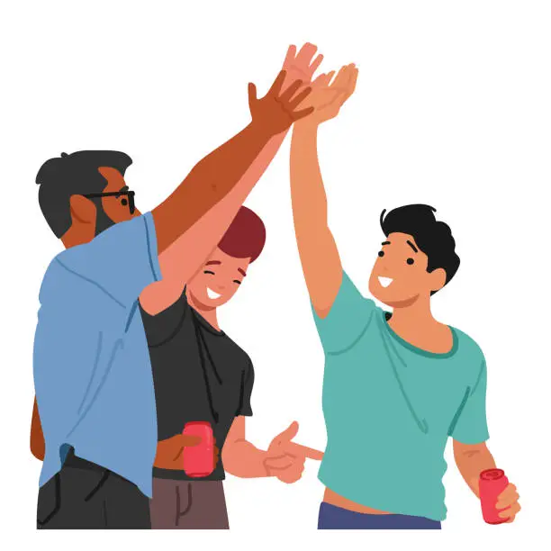 Vector illustration of Friends, Beaming With Camaraderie, Enthusiastically Exchange A High Five, Celebrating Their Bond And Mutual Success