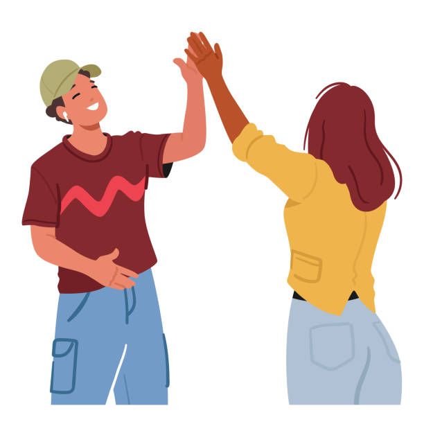 男性と女性がお祝いのハイタッチで手のひらと手のひらを熱心に接続します。喜びを放つキャラクター - buddy点のイラスト素材／クリップアート素材／マンガ素材／アイコン素材