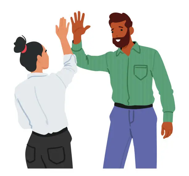 Vector illustration of Man And Woman High-five, Smiles Lighting Up Their Faces, Radiating Shared Success And Camaraderie, Vector Illustration