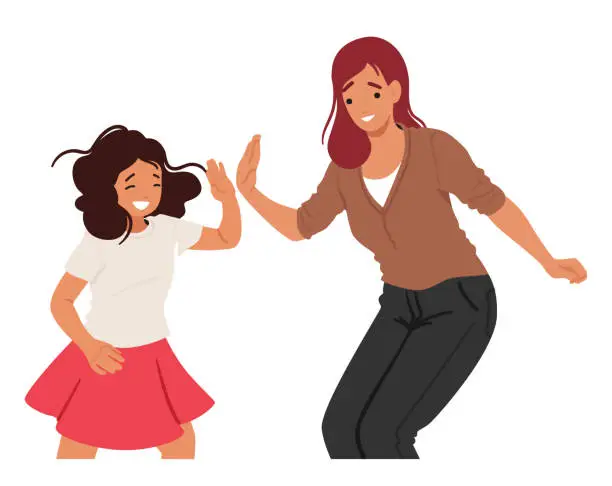 Vector illustration of Heartwarming Moment As A Little Girl And Her Mother Characters Exchange An Enthusiastic High-five, Vector Illustration