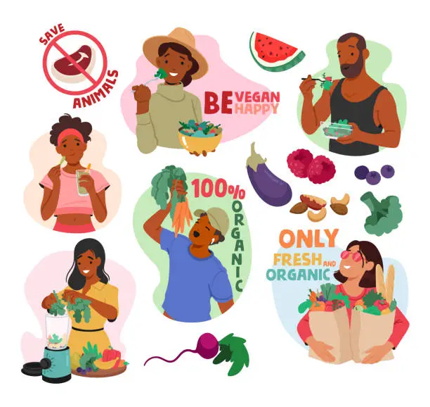 Vector illustration of Vegan Characters Follow A Plant-based Lifestyle, Excluding All Animal Products From Their Diet And Daily Lives