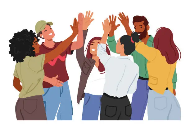 Vector illustration of Energetic Young Characters Give High Fives, Hands Meet In A Celebratory Clap, Creating A Burst Of Positive Vibes, Smiles