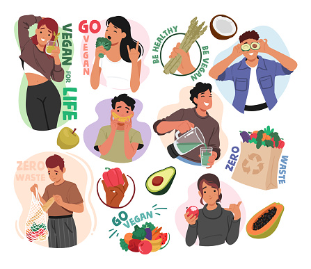 Vegan Characters Follow A Plant-based Lifestyle, Abstaining From Animal Products, Promote Ethical Treatment Of Animals And Align With Environmental And Health-conscious Values. Vector Illustration