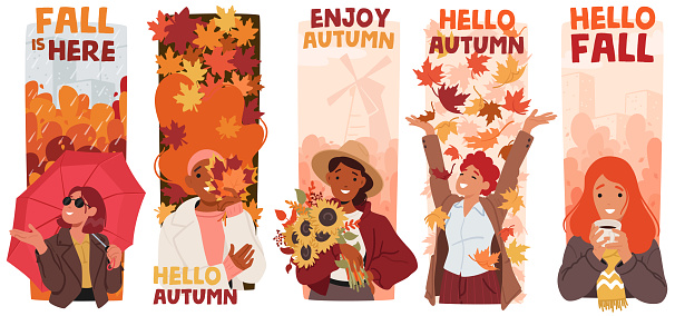 Autumn Girls Embracing The Season With Cozy Sweaters, Warm Hues And Vibrant Leaves, Flowers and Umbrella. Fall-loving Ladies Characters Radiate The Beauty Of Autumn. Cartoon People Vector Illustration