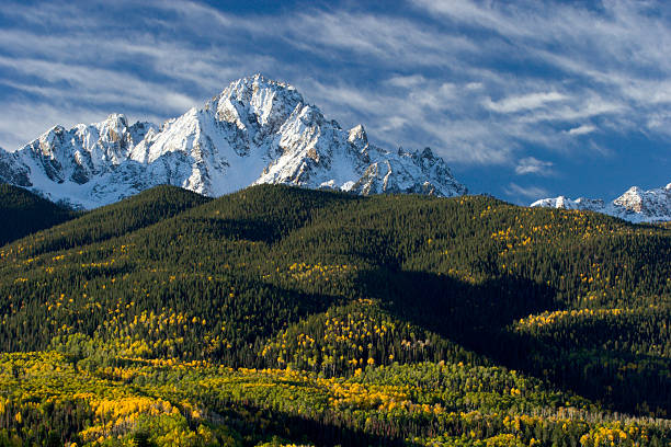 Colorado Snow Capped Peak "Snow covered Mt. Sneffels and autumn aspens in Colorado.San Juan Mountains, Colorado, USAMORE MOUNTAINS & ASPEN" sneffels range stock pictures, royalty-free photos & images