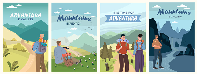 Hiking camping banners set. People at nature with backpacks. Active lifestyle and leisure. Beautiful natural scenes, landscape. Cartoon flat vector collection isolated on white background