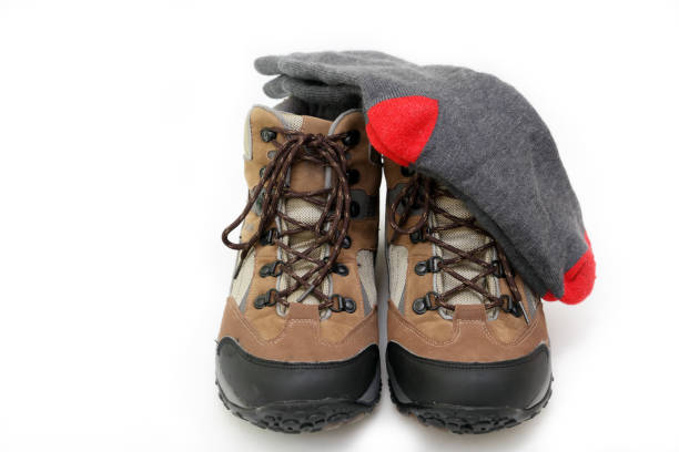 Hiking boots and socks stock photo