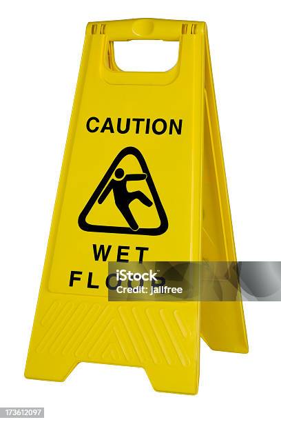 Foto de Caution Wet Floor Amarelo Sinal Em Fundo Branco e mais fotos de stock de Sinal - Sinal, Chão, Proteção