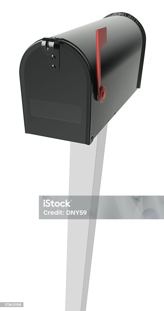 Mailbox on white post isolate on white A closed mailbox on a white post isolated on a white background. Black Color Stock Photo