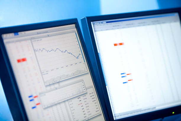 Share graph and prices Share graph and prices displayed on traders monitor.Narrow depth of field obscuring company information. retail digital signage stock pictures, royalty-free photos & images