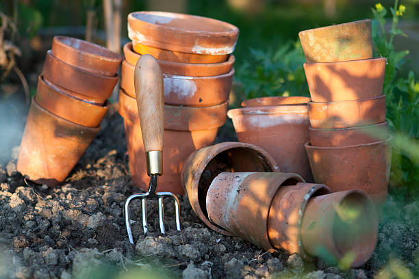 Victorian Terracotta Plant Pots and Hand Fork stock photo