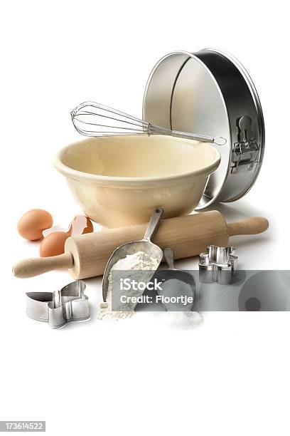 Baking Ingredients Flour Eggs Sugar And Equipment Stock Photo - Download Image Now