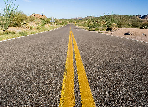 Low angle, close and personal, shot of Highway 188 in Arizona.