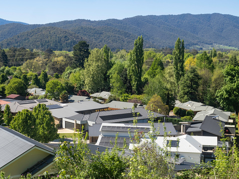High angle view of Houses in the township of Bright in the Victorian High Country
