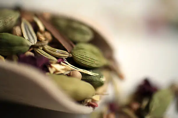 Close-up of Ayurvedic herbs, selective focus.