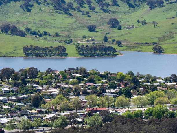 istock High angle view of town next to lake 1736157322