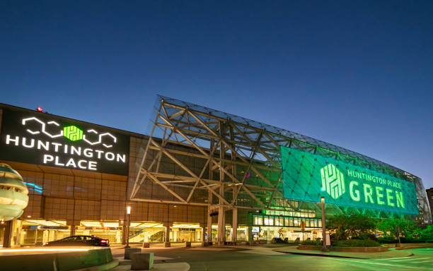 Huntington Place, formerly Cobo Hall, the main convention center in downtown Detroit at night on a clear day in Detroit, Michigan. The  marquee led sign displays Huntington Place Green Huntington Place, formerly Cobo Hall, the main convention center in downtown Detroit at night on a clear day in Detroit, Michigan. The  marquee led sign displays Huntington Place Green cobo hall photos stock pictures, royalty-free photos & images