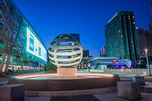 Globe at Huntington Place, formerly Cobo Hall, the main convention center in downtown Detroit at night on a clear day in Detroit, Michigan.