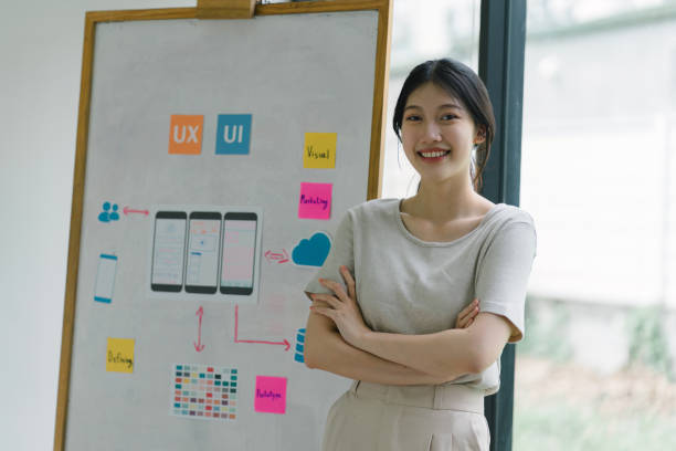 istock Portrait of creative UX UI designer working on screens for mobile responsive website development, focusing on UI UX. Developing wireframe sketch layout designs on a smartphone screen. 1736162109
