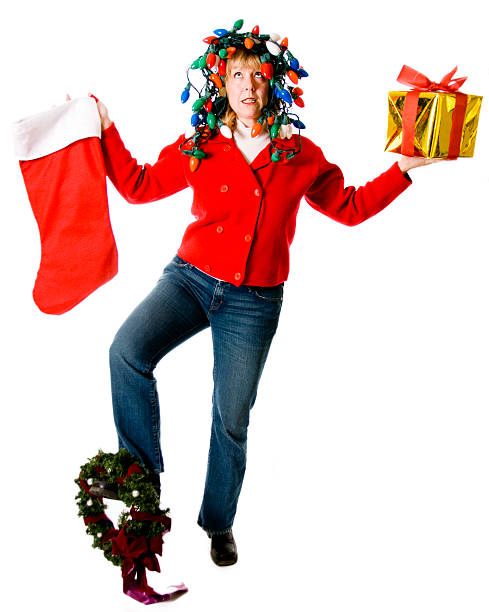 crazy, überfordert weihnachten frau jonglieren - overworked worried distraught front view stock-fotos und bilder