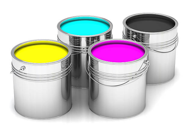 Cyan, Magenta, Yellow and Black paints in  cans
