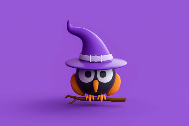 3d halloween day with flying cute owl wearing a witch hat.